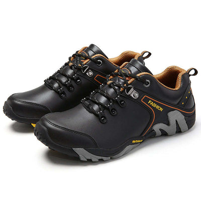 Men's Genuine Leather Hiking Sports Shoes Outdoor Trekking Waterproof Sneakers - Black / 38 - Oncros