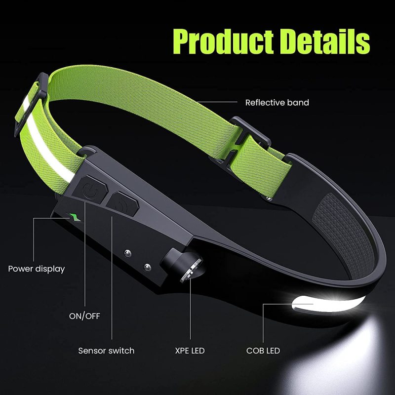 LED Head Torch, USB Headlamp Rechargeable Headlight Waterproof Motion Sensor Headtorch for Kids Adults, Running, Camping, Hiking, Fishing, Hunting - Oncros