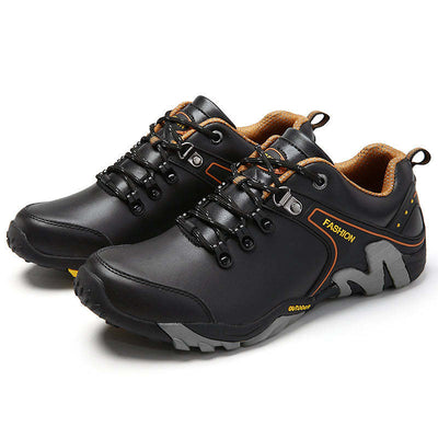 Men's Genuine Leather Hiking Sports Shoes Outdoor Trekking Waterproof Sneakers - Black / 39 - Oncros