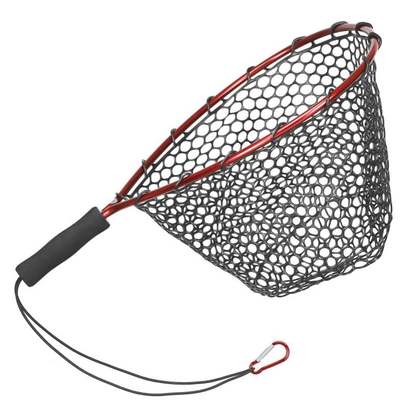Soft Silicone Fishing Net Aluminium Alloy Pole EVA Handle with Elastic Strap and Carabiner - Red - Oncros
