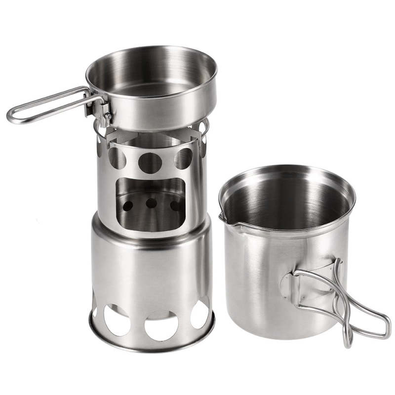 Portable Camping Stove Combo Wood Burning Stove and Cooking Pot Set for Outdoor Hiking - Oncros