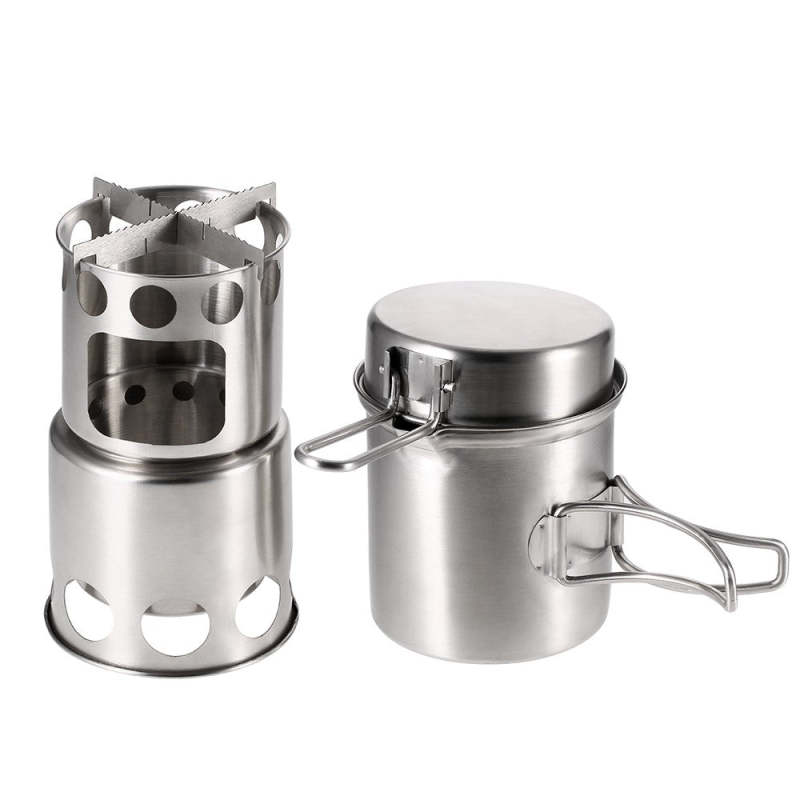 Portable Camping Stove Combo Wood Burning Stove and Cooking Pot Set for Outdoor Hiking - 