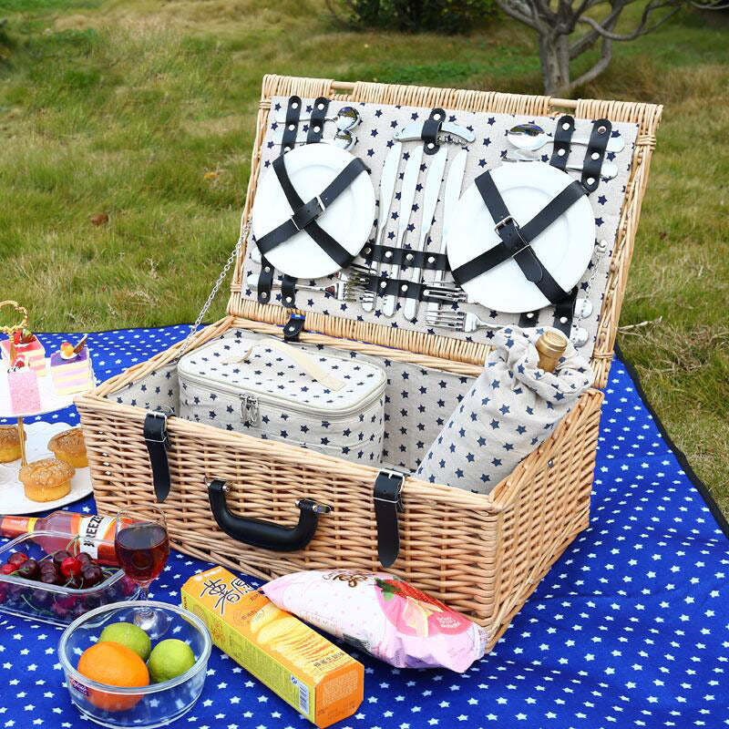 Hand-woven Picnic Basket for Four People with Cutlery Set - Oncros
