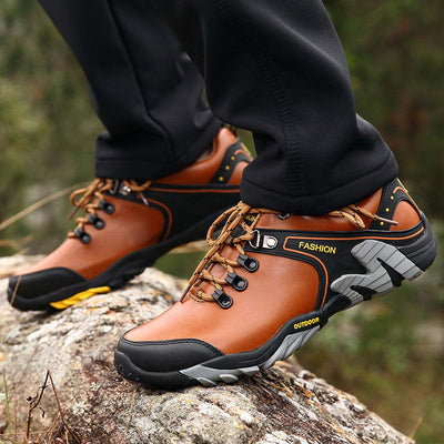 Men's Genuine Leather Hiking Sports Shoes Outdoor Trekking Waterproof Sneakers - Light Brown / 43 - Oncros