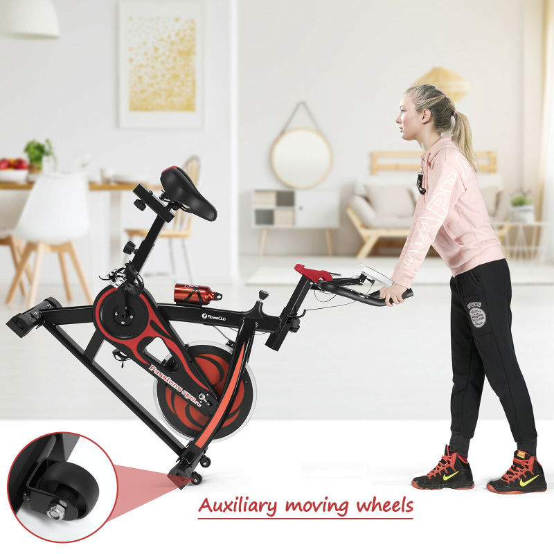 Exercise Spinning Bike with LCD Minotor & Pad Holder Resistance Adjustable For Home Indoor Gym, Red/ Black - Oncros
