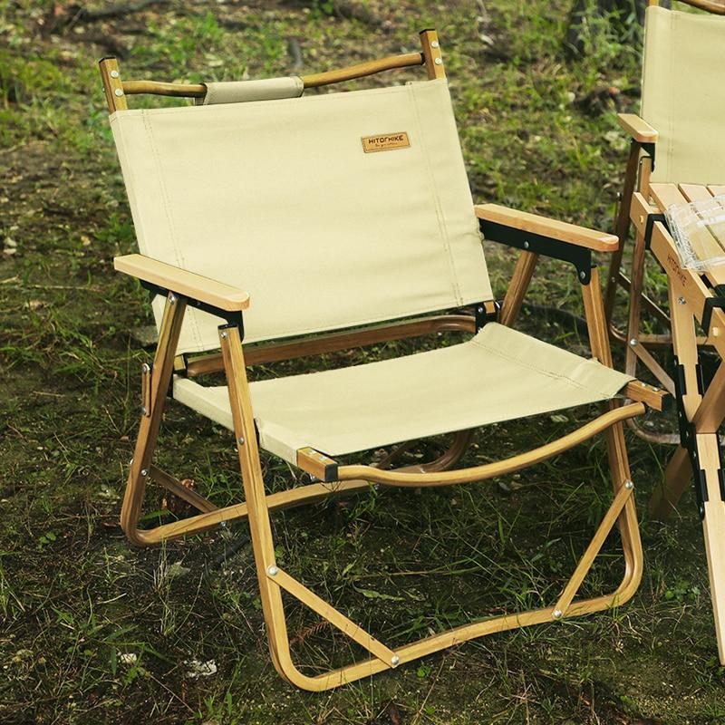Outdoor Wood Grain Aluminum Folding Camping Chair - Beige A - Oncros