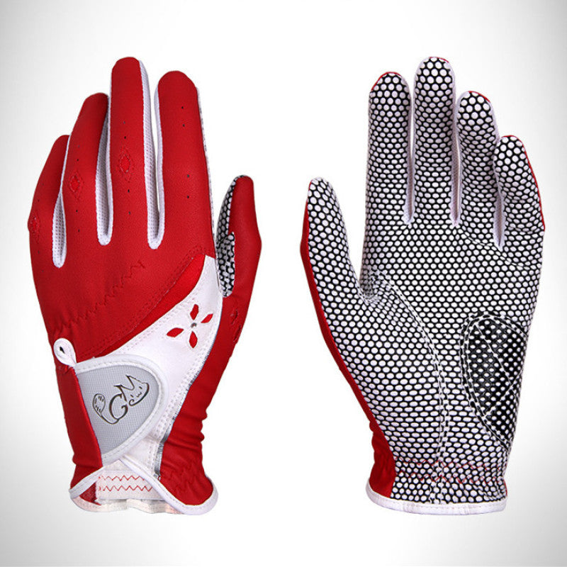Women Golf Gloves Top Soft Breathable PU Leather Non-Slip 2pcs - red / 17 - Oncros