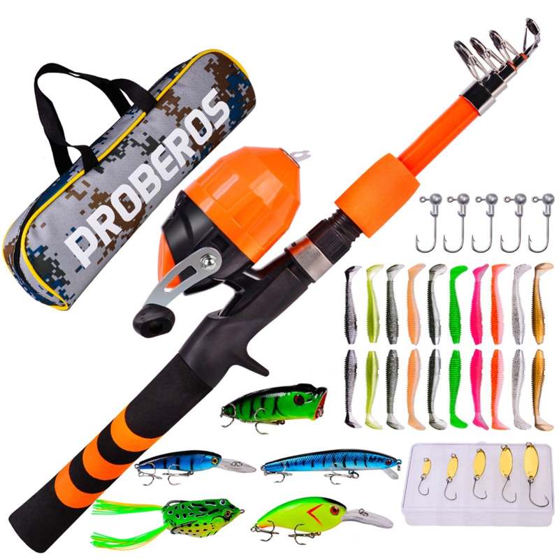 Children Fishing Pole Ultralight Fishing Rod+Fishing Reel+Fishing Lures with Storage Bag - Orange - Oncros