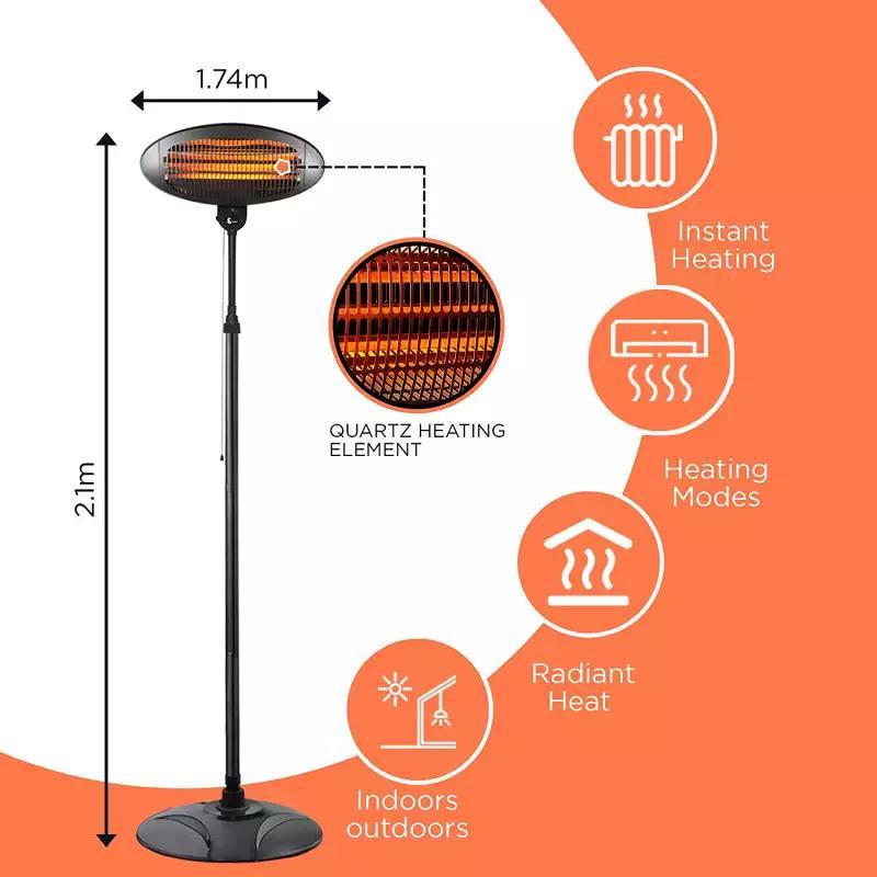 Standing or Wall Ceiling Mount Quartz Heater Indoor and outdoor Black 2000W - Oncros
