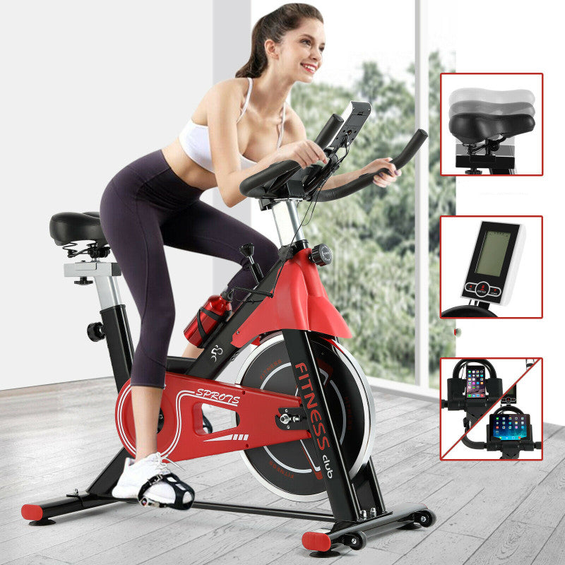 Adjustable Height Exercise Bike Spinning Bikes with LCD Monitor - Red - Oncros